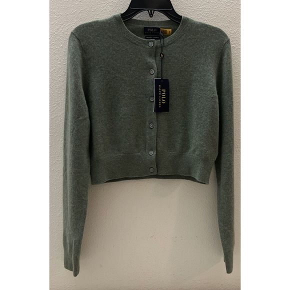 Polo Ralph Lauren Sz M Green/Gray Cropped Crewneck Cardigan Cashmere Sweater - Picture 1 of 13